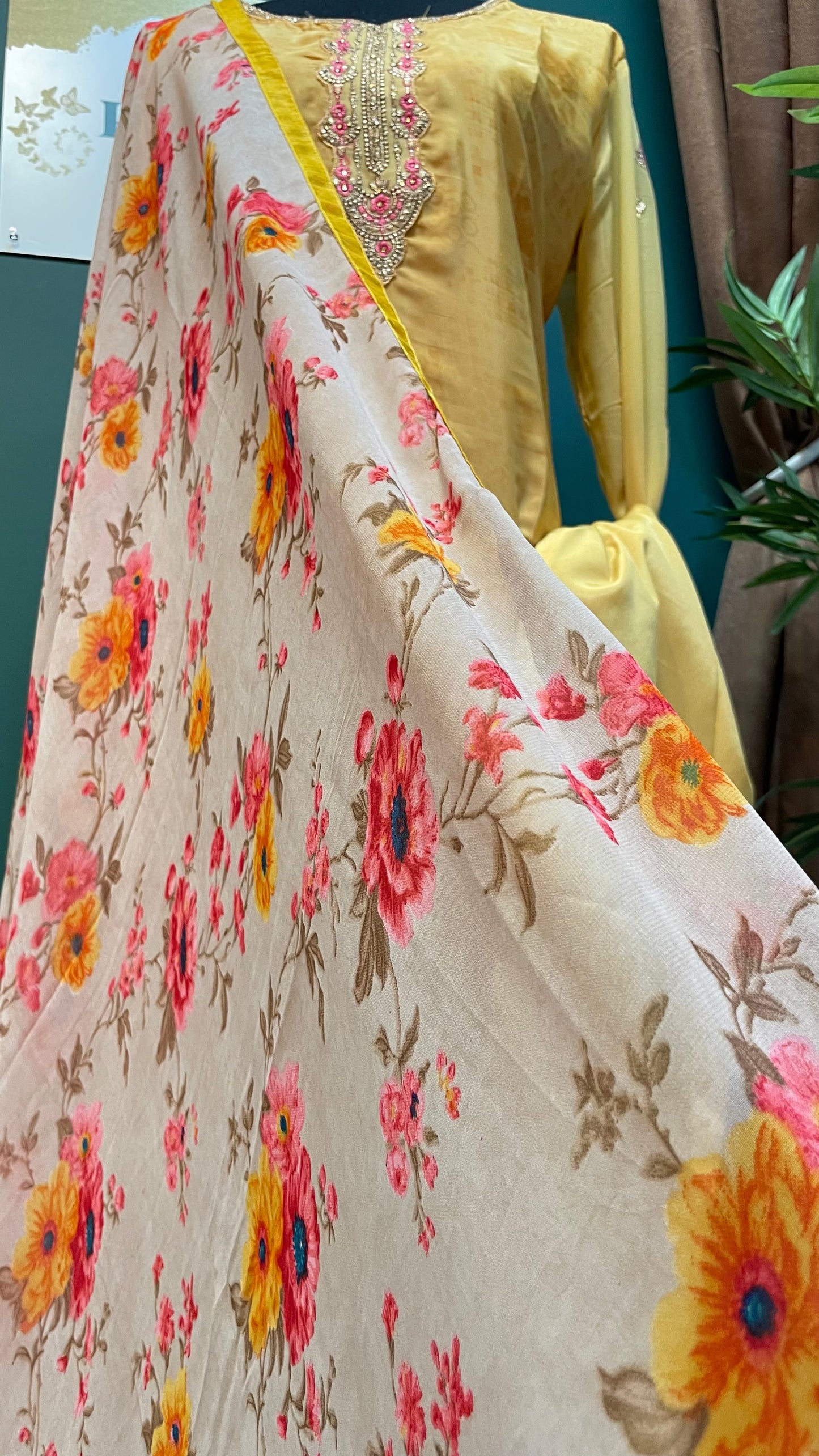 Floral printed crepe Yellow salwar suit