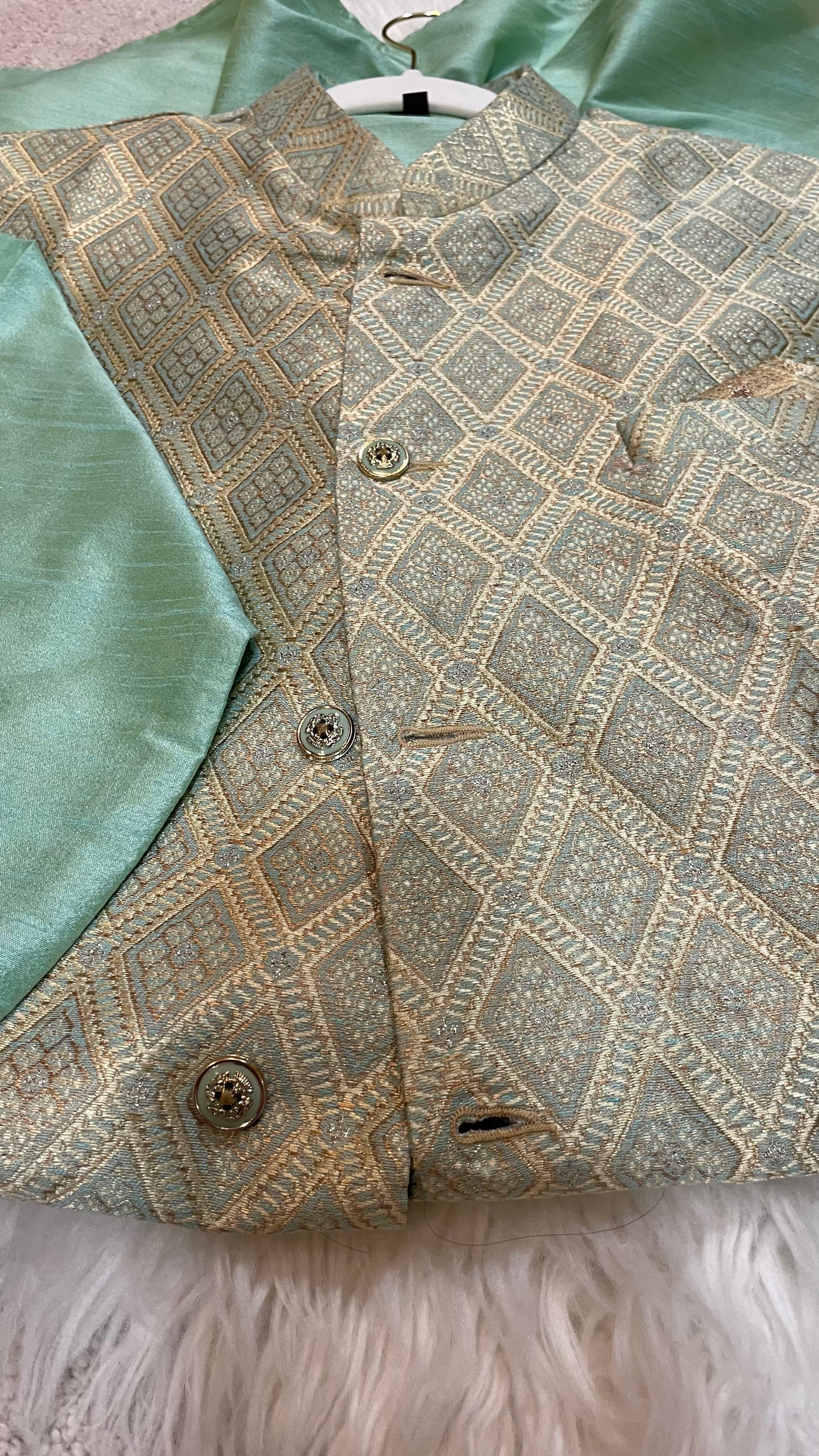 Green Dupion Silk 3 pcs set Kurta pajama with Waistcoat