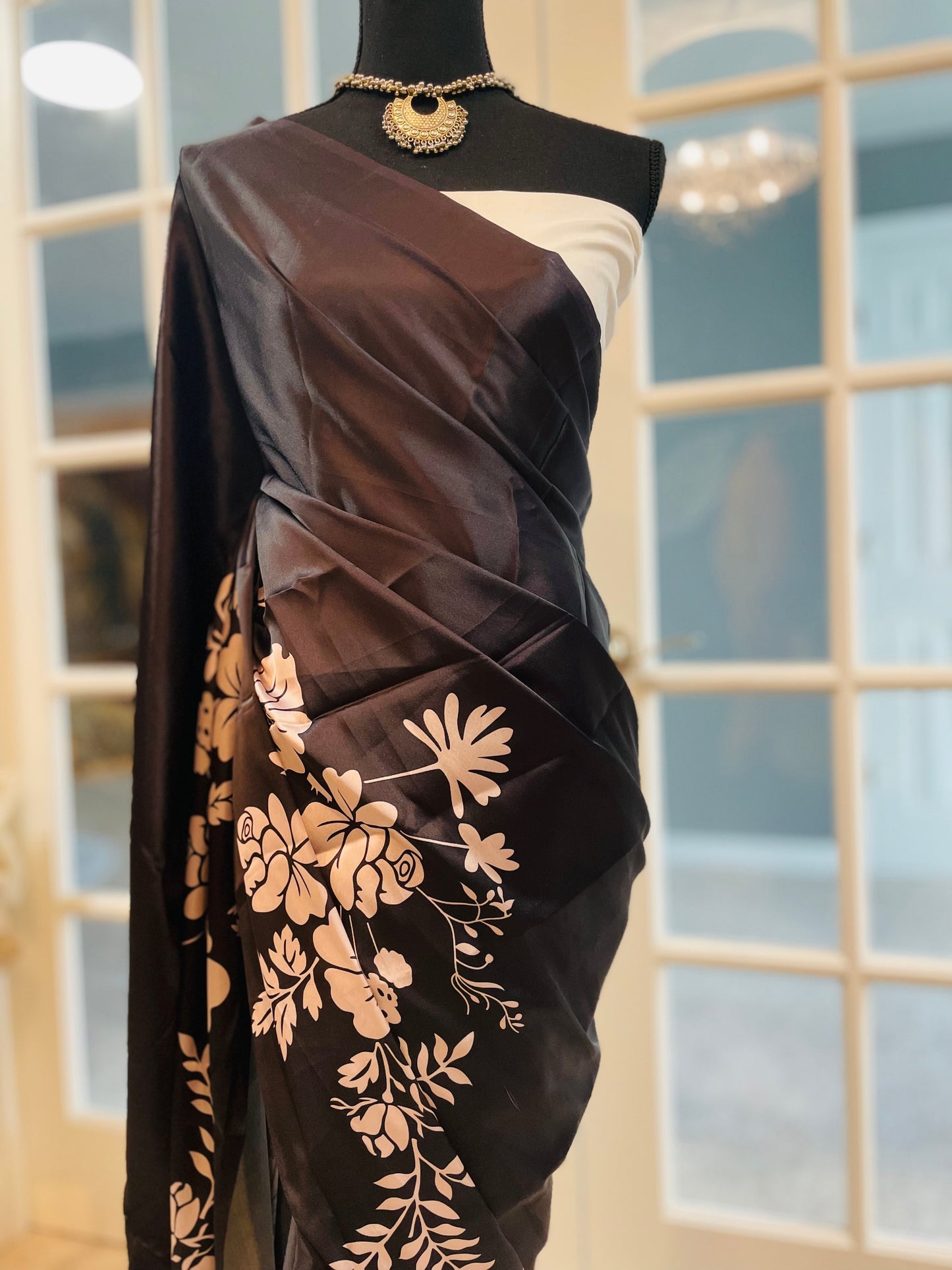 Black and white soft silk saree